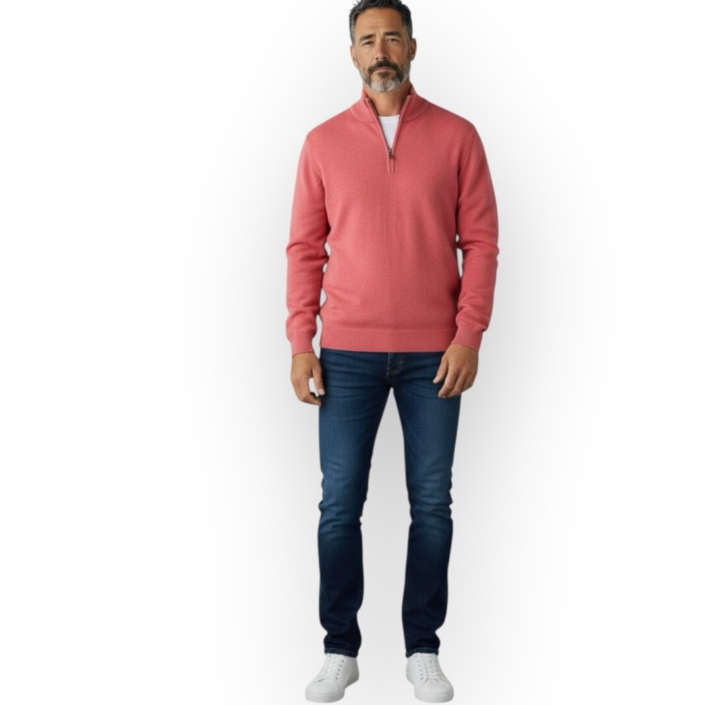 J. Crew Cotton Cashmere Blend Polo Zip Mock Neck Sweater Muted Salmon Pink XL